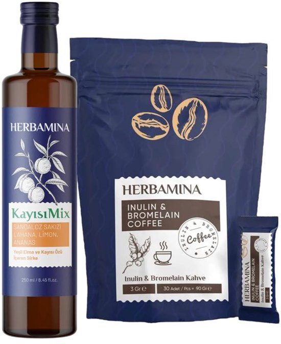 Herbamina Café Mélange Coffee' inuline et d'abricot aux extraits de plantes Vinaigre Detox 250 ml - Café (Hindiba) (fibre de racine de chicorée) et bromélaïne Café Herbamina Detox Perte de poids 3 g x 30 pièces - 90 g