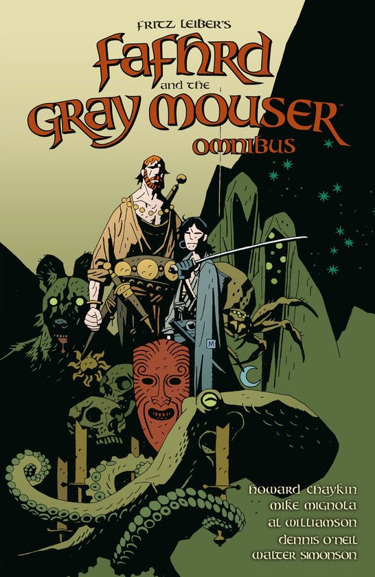 Fafhrd and the Gray Mouser Omnibus graphic novel cover art, met Fafhrd, Gray Mouser en diverse wezens.