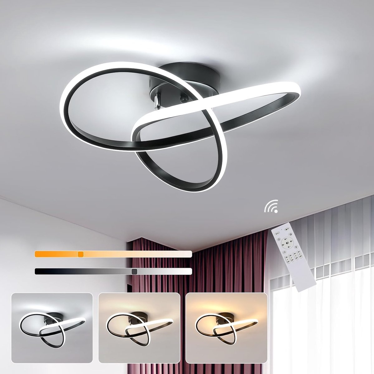 Moderne LED-plafondlamp, creatief design, aluminium kroonluchterlamp voor keuken, woonkamer, slaapkamer, eetkamer (zwart, 36W, dimbaar met afstandsbediening)