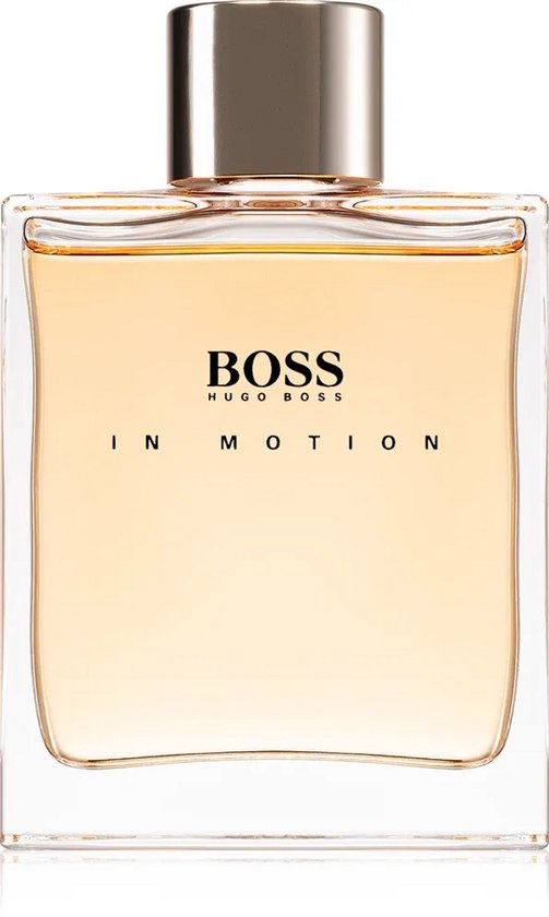 Glazen flacon BOSS HUGO BOSS IN MOTION met oranje vloeistof en zilverkleurige dop.