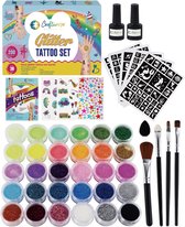 Craftiverse - Glitter Tattoo Set Compleet - 212 Sjablonen - 30 kleuren - Biologisch Afbreekbare Glitters - Schmink Sjablonen - Knutselpakket - Knutselen voor Kinderen - Huidlijm Voor Glitters - Kinderen - Jongens en Meisjes - Inclusief Handleiding