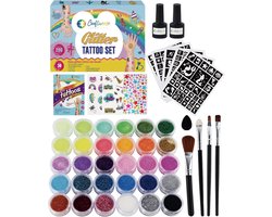Craftiverse - Glitter Tattoo Set Compleet - 212 Sjablonen - 30 kleuren - Biologisch Afbreekbare Glitters - Schmink Sjablonen - Knutselpakket - Knutselen voor Kinderen - Huidlijm Voor Glitters - Kinderen - Jongens en Meisjes - Inclusief Handleiding
