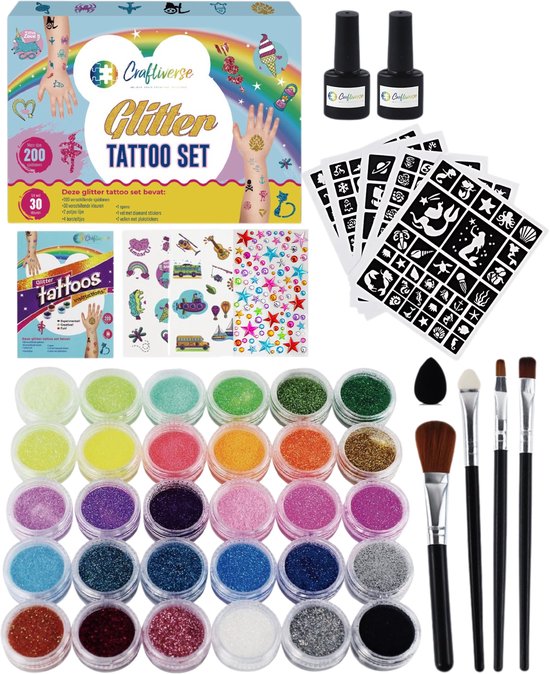 Craftiverse - Glitter Tattoo Set Compleet - 212 Sjablonen - 30 kleuren - Biologisch Afbreekbare Glitters - Schmink Sjablonen - Knutselpakket - Knutselen voor Kinderen - Huidlijm Voor Glitters - Kinderen - Jongens en Meisjes - Inclusief Handleiding