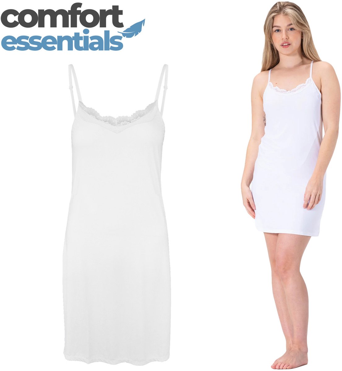 Comfort Essentials - Onderjurk Wit - Kort Met Kant - S/M - Spaghetti Bandjes - Nachthemd -Nachtjapon - Microfiber - Slipdress - Anti-statisch