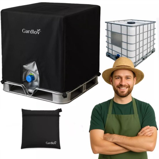 Collage : housse Gardlov noire pour cuve IBC, une cuve IBC vide, et un homme avec un chapeau de paille et un tablier.