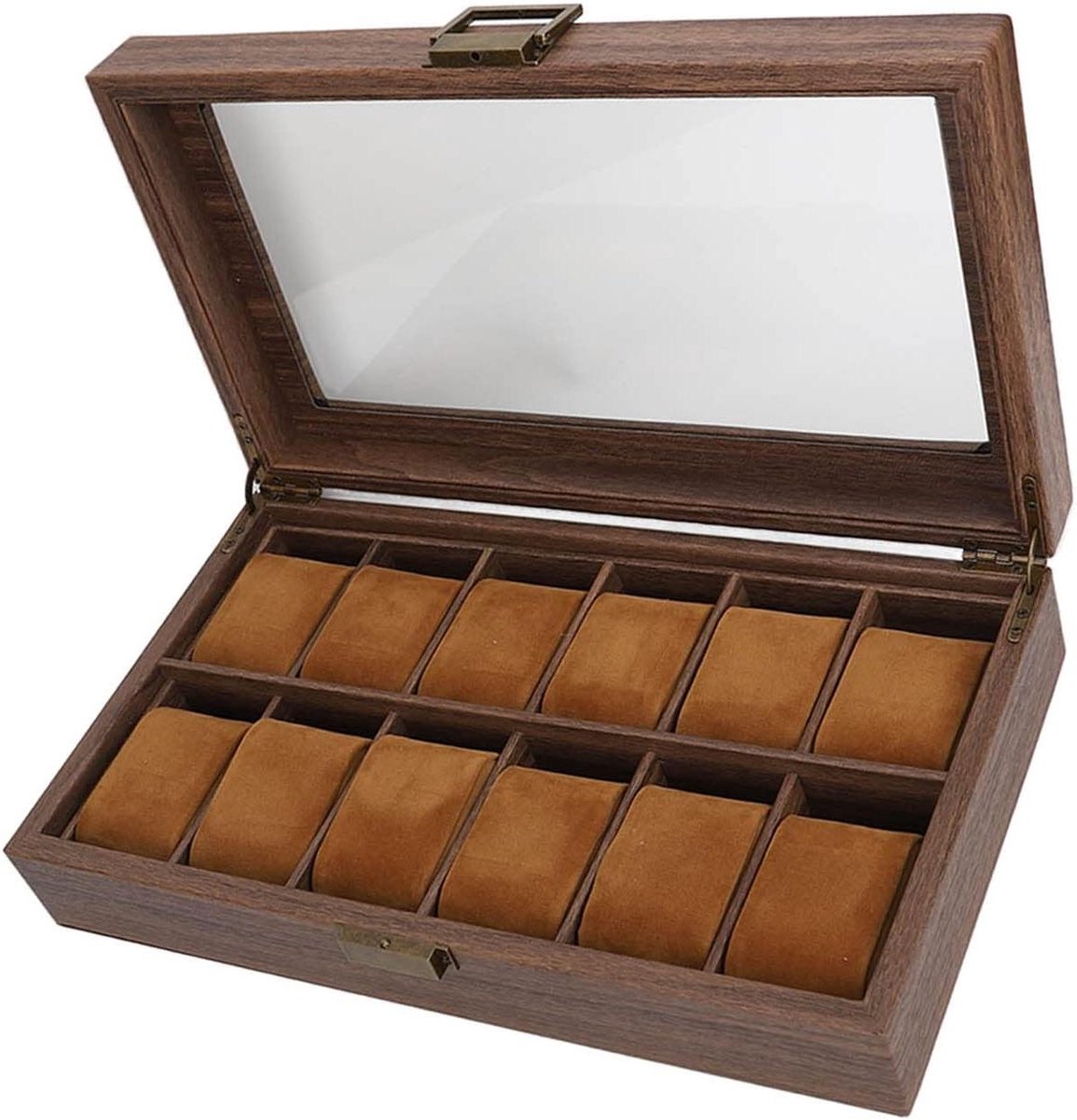 Allecto Premium - Luxe Horlogedoosorganizer 12 Compartimenten Houtnerf - PU-lederen Display-opbergdoos - Sieradendisplaydoos voor Mannen en Vrouwen - Geschenkidee