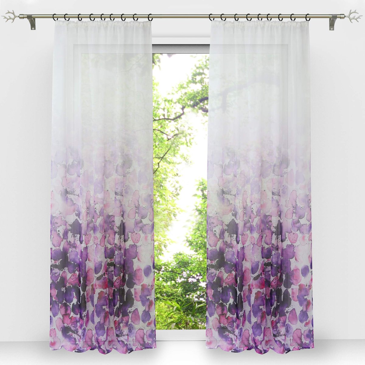 Ibenzoa Transparant voile gordijn met bloemenprint en kleurverloop voor sfeervolle raamdecoratie wit paars
