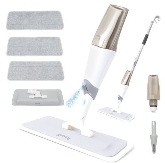 Balai serpillère Goliving - Balai serpillère avec vaporisateur - 125 cm - Système tout-en-un - 3 lingettes en microfibre incluses - Balai serpillère rechargeable pour tous Sols - Wit