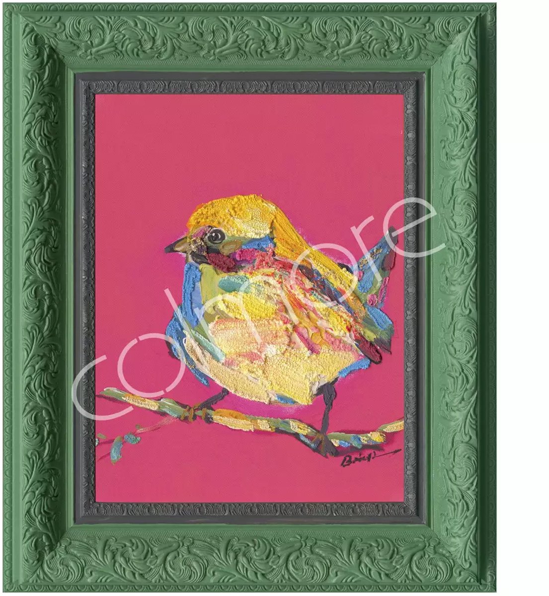 Colmore by Diga handbeschilderd schilderij groen met vogel 51 x 61 cm