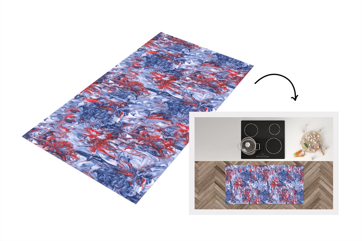 KitchenYeah Keukenloper 120x60 cm - Keukenmat vinyl Blauw - Rood - Marmer print - Patronen - Keukenmatten loper - Keuken vloerkleed tapijt Verf