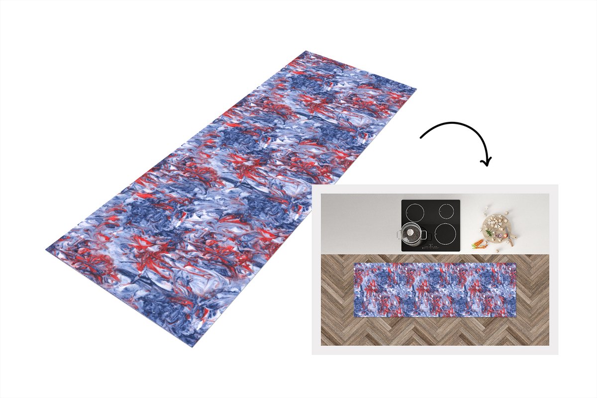 KitchenYeah Keukenloper 180x60 cm - Keukenmat vinyl Blauw - Rood - Marmer print - Patronen - Keukenmatten loper - Keuken vloerkleed tapijt Verf