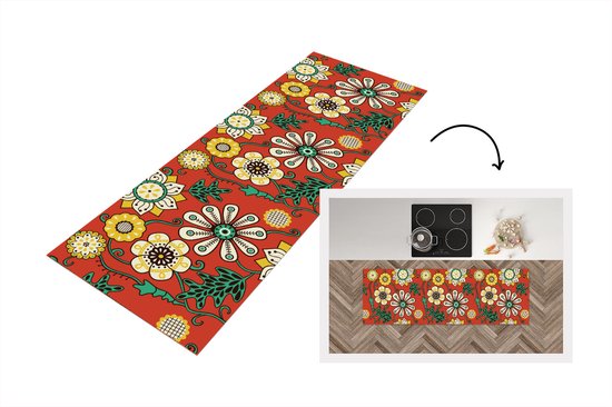 Keukenloper 180x60 cm - Keukenmat vinyl Design - Bloemen - Hippie - Retro - Keukenmatten loper - Keuken vloerkleed tapijt