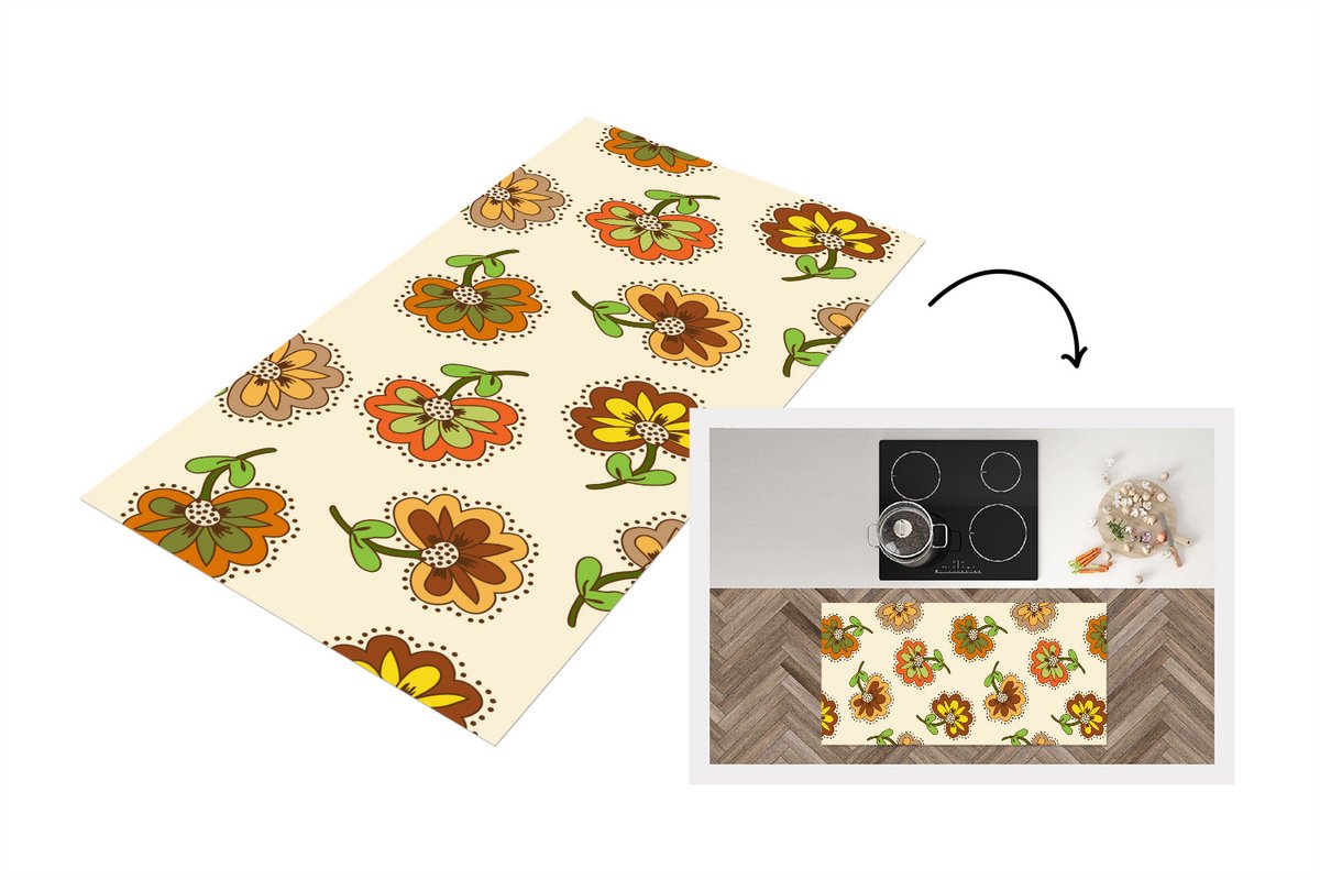 KitchenYeah Keukenloper 120x60 cm - Keukenmat vinyl Design - Bloemen - Retro - Vintage - Keukenmatten loper - Keuken vloerkleed tapijt