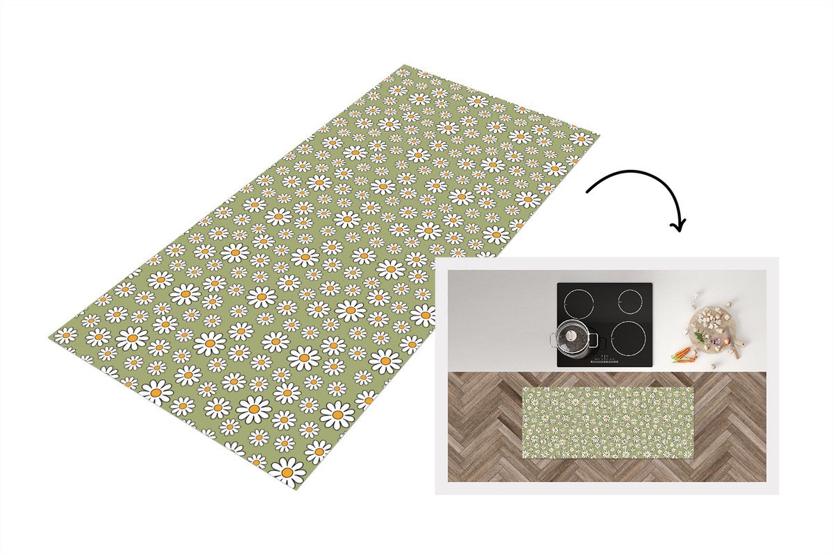 KitchenYeah Keukenloper 120x50 cm - Keukenmat vinyl Vintage - Patronen - Bloemen - Madelief - Keukenmatten loper - Keuken vloerkleed tapijt