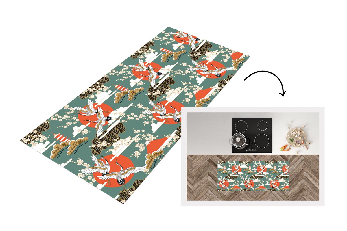KitchenYeah Keukenloper 120x50 cm - Keukenmat vinyl Kraanvogel - Sakura - Zon - Patronen - Keukenmatten loper - Keuken vloerkleed tapijt Kraanvogel - Sakura - Patronen