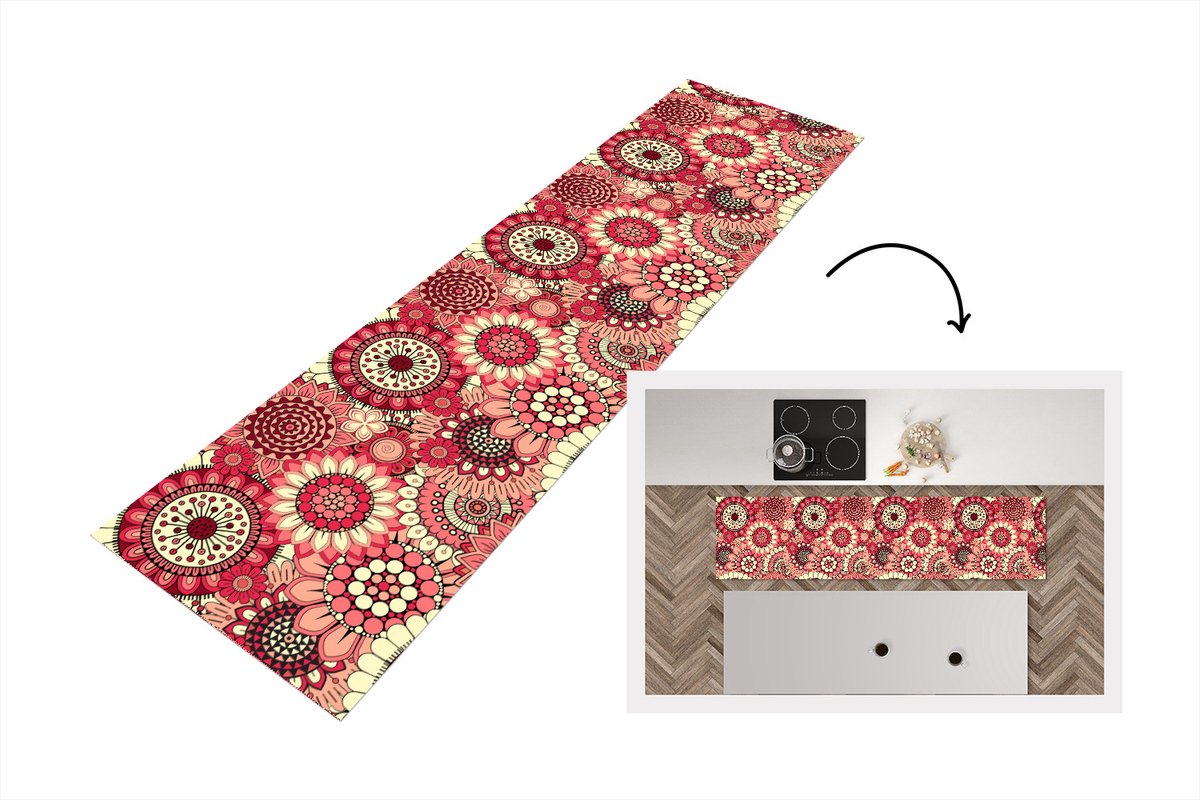 KitchenYeah Keukenloper 200x50 cm - Keukenmat vinyl Bloem - Mandala - Retro - Patroon - Keukenmatten loper - Keuken vloerkleed tapijt