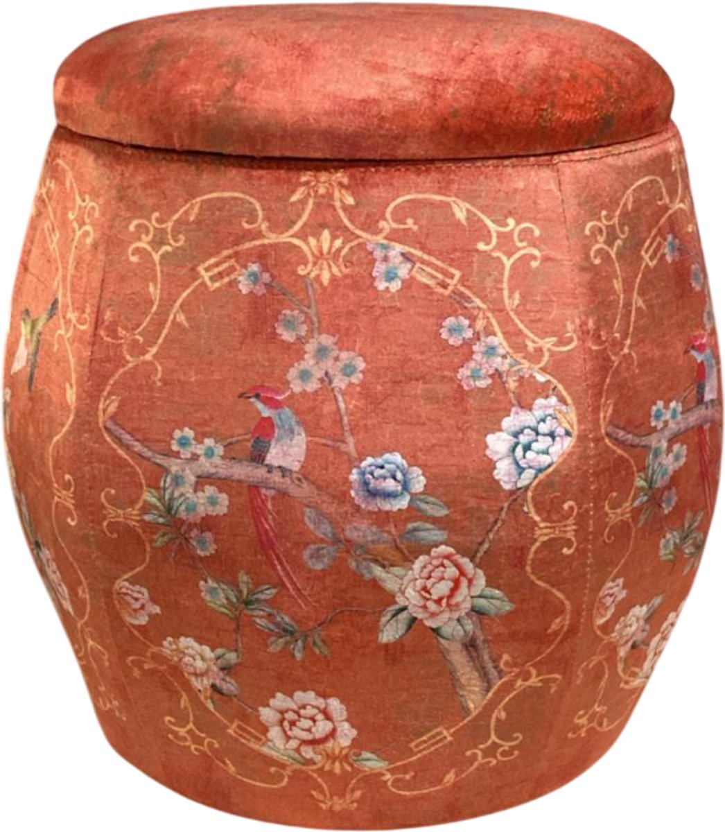 Fine Asianliving Velours Poef met Opbergruimte Rond Rood Vogels Handgemaakt D43xH43cm Velvet Opbergpoef Fluweel Voetenbankje Groot met Deksel