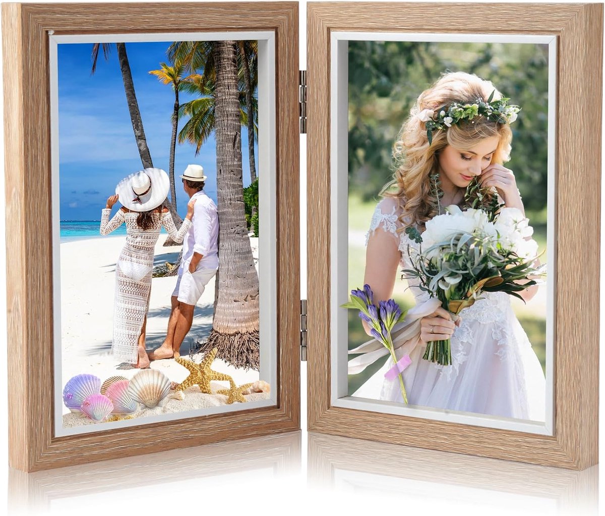Famanu Fotolijst, opvouwbaar, houten fotolijst, inklapbare fotolijst, collage, 2 foto's, voor tafeltentoonstelling of geschenken, fotoformaat 2 x 10 x 15 cm WOOD GRAIN