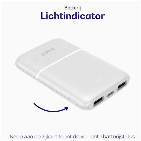 Buddi Go 5.000 mAh Powerbank Duo Pack - Reisformaat - Compact - Klein - Ultra Dun - 2.4A USB-C en USB-A - Universele Powerbank Geschikt voor Telefoon & Tablet - Ideaal voor handbagage - Wit
