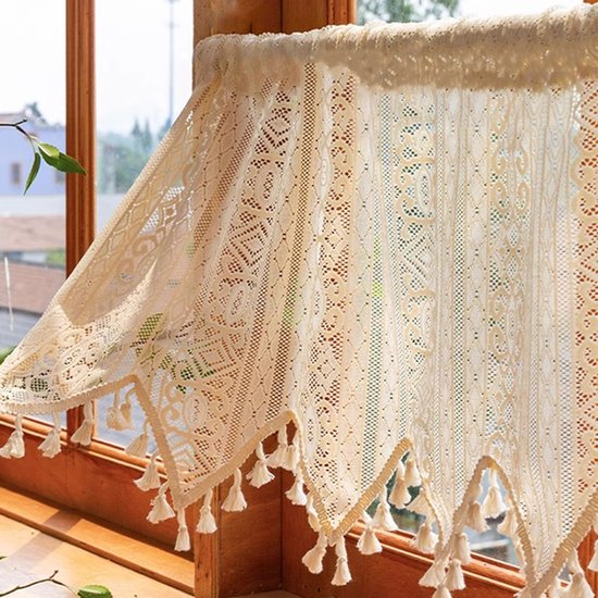 Qelus Creme Vitrage Gordijn met Franjes & Wavig Rand - Geometrisch Vintage Sheer Gordijn Kant en Klaar - 150 x 90cm - Boho Kort Gordijn voor Keuken/Woonkamer - Lichtfilterend