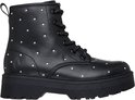 Zwarte Skechers laars versierd met witte stippen, met veter- en ritsluiting.