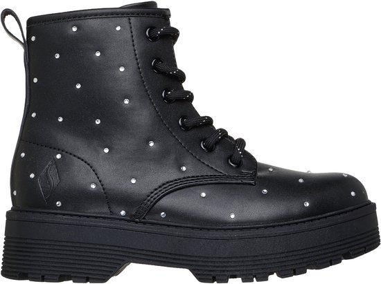 Zwarte Skechers laars versierd met witte stippen, met veter- en ritsluiting.