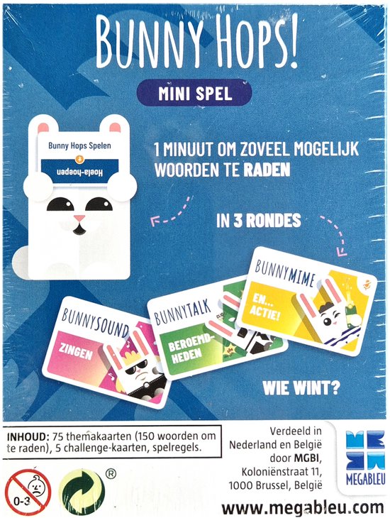 Kaartspel "Bunny Hops!" met een konijn dat kaarten vasthoudt. De kaarten zijn getiteld "Bunny Sound", "Bunny Talk" en "Bunny Mime". Tekst: "1 MINUUT OM ZOVEEL MOGELIJK WOORDEN TE RADEN" en "IN 3 RONDES" en "WIE WINT?"