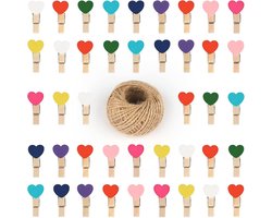 Mini Houten Hartknijpers - Kleine Clips - Knutselen en Decoratie - Inclusief Jute Koord - 35 cm - Kleurrijk
