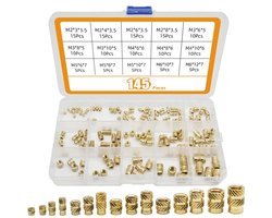 Allecto Plus - Assortiment 145 stuks schroefdraad inzetstukken M2-M6 voor 3D-printen en spuitgieten - Messing moerenkit met binnendraad.