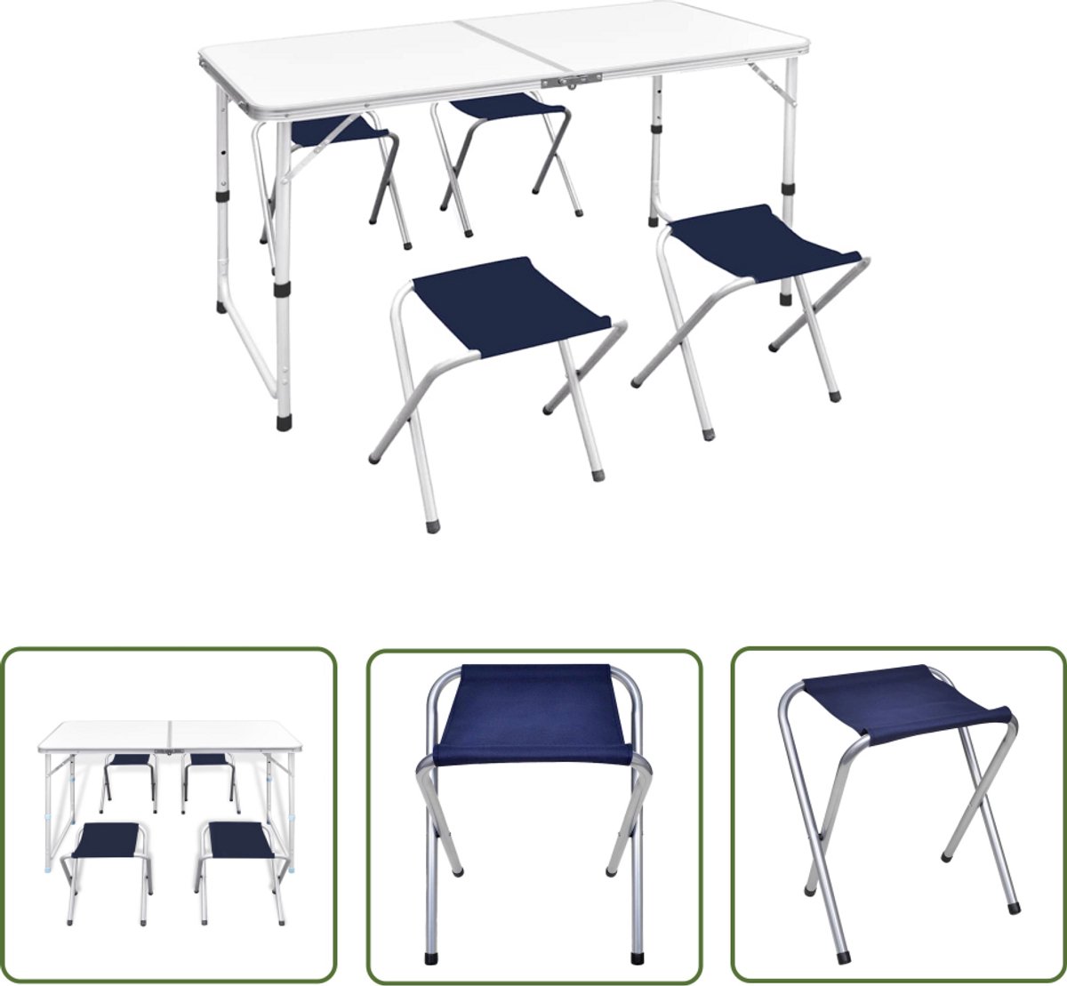 The Living Store Inklapbare Campingtafel set - Tafel en 4 Stoelen - Verstelbare Hoogte - Groot Draagvermogen - Duurzaam Aluminium Frame - Oxford Stof - 120x60x70/62/55cm