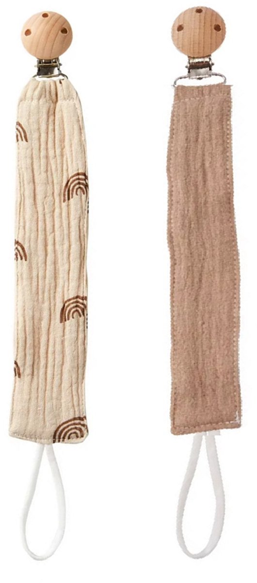 Image of 2 Stuks - Hydrofiele Speenkoord Houten Clip - Regenboog Beige