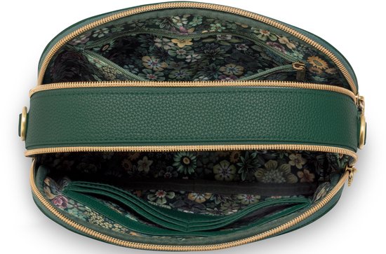 Open groene crossbody tas met bloemenvoering, meerdere vakken en ritsen.