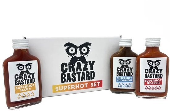 Crazy Bastard Superhot Set. Drie sauzen: Naga, Scorpion en Reaper, verpakt in geschenkverpakking.