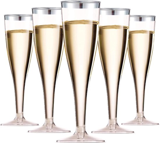 Foto: 50pcs silver rimmed champagne flutes 150ml plastic champagne glazen herbruikbare wijnbekers met steel voor tuin trouwen jubileum babyshower feesten 5x17cm 