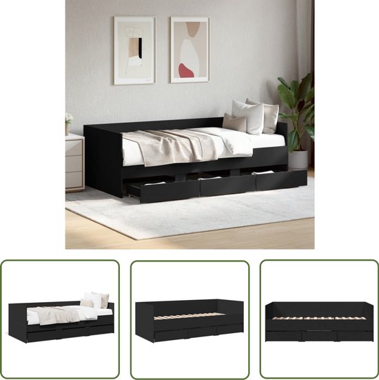 vidaXL Lit double - Canapé-lit - Canapé-lit avec tiroirs sans matelas 90 x 190 cm Noir - Sommier tapissier - Lit empilable - Lit en bois