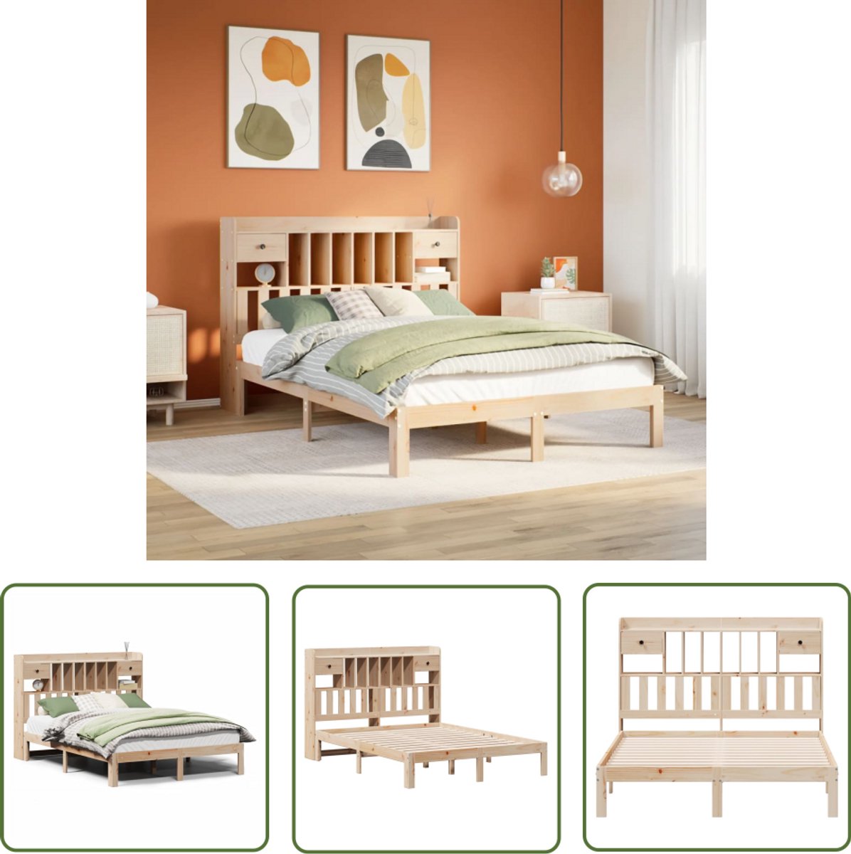 vidaXL Bed Met Boekenkast - Massief Houten Bed - Bed met boekenkast zonder matras massief grenenhout 140x200 cm - Tweepersoonsbed - Bedstee - Slaapkamer Meubel