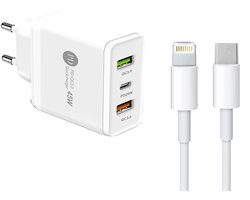 45W USB Oplader met PD25W + 2X QC3.0 Snellaadpoorten Adapter Lader - Snellader - Incl. 1M USB-C naar 8-Pin Kabel - wit