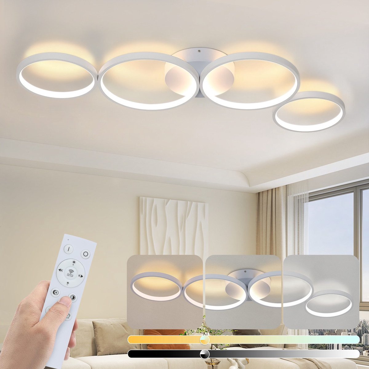 NETTLIFE Plafondlamp LED - 100cm - Wit - 3000-6000K Dimbaar - 56W Plafondverlichting - modern - Ring Design - 4-Lichts - met Afstandsbediening - voor Slaapkamer | Woonkamer | Kantoor | Keuken