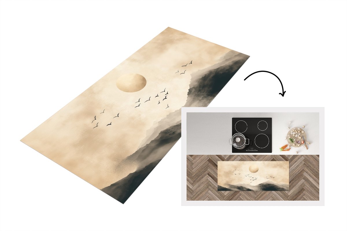 KitchenYeah Keukenloper 120x50 cm - Keukenmat vinyl Landschap - Japandi - vogel - Keukenmatten loper - Keuken vloerkleed tapijt