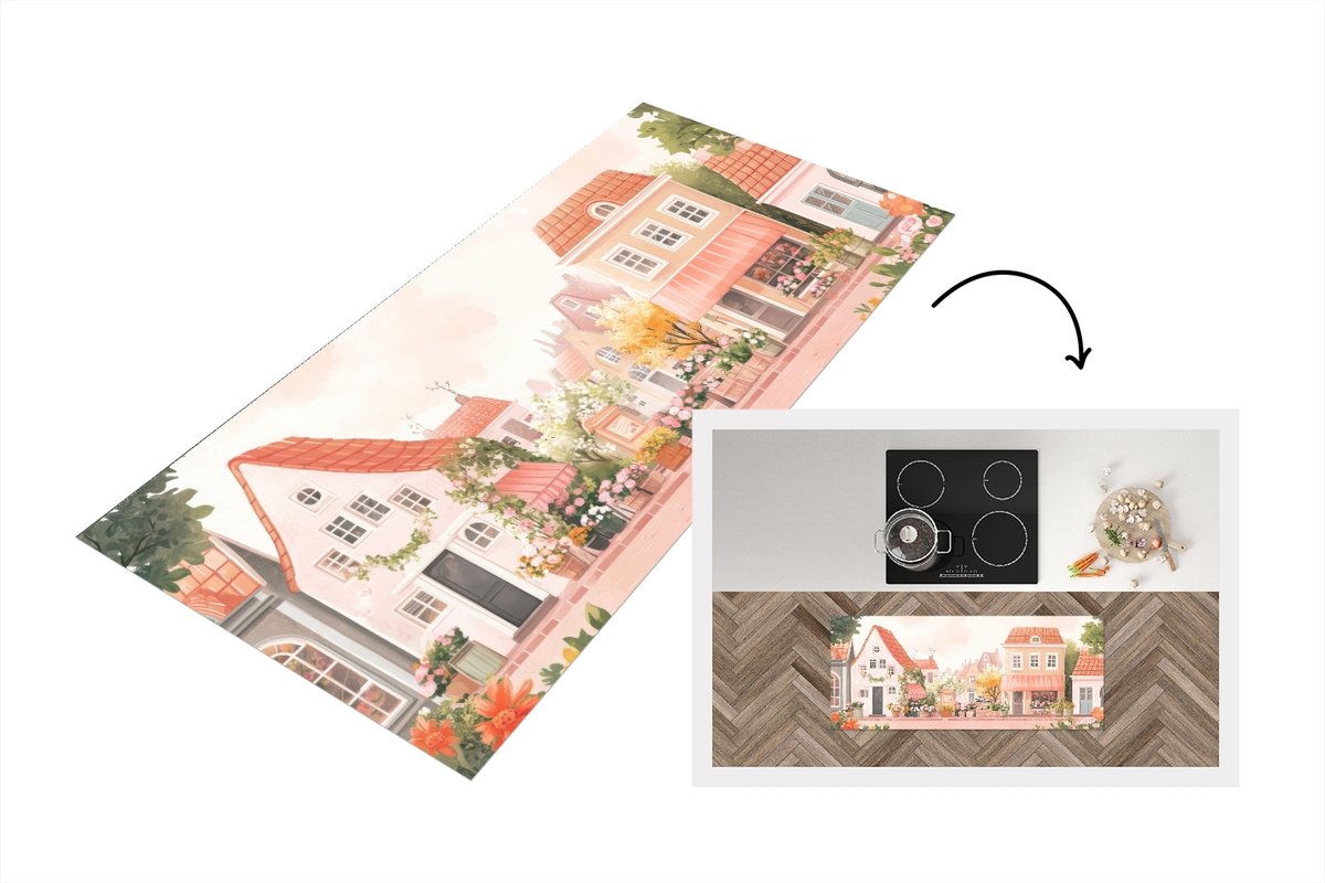 KitchenYeah Keukenloper 120x50 cm - Keukenmat vinyl Bloemen - Huizen - Dorp - Keukenmatten loper - Keuken vloerkleed tapijt Huisjes - Dorp