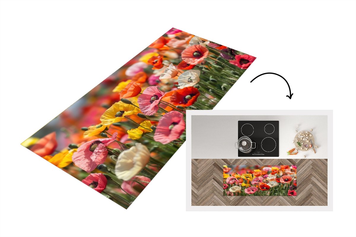 KitchenYeah Keukenloper 120x50 cm - Keukenmat vinyl Bloemenveld - Klaprozen - Kleurrijk - Keukenmatten loper - Keuken vloerkleed tapijt