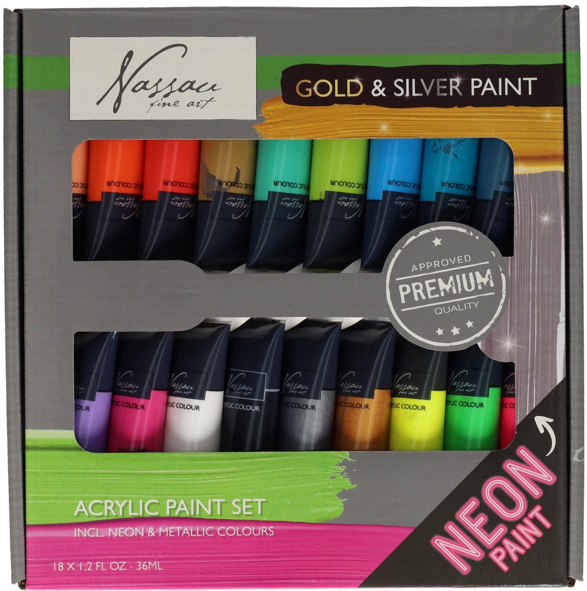 Acrylverf Set 18pcs - Hobbyverf - Basiskleuren - Neon Verf - Metallic Verf - Acrylverf Tubes - 36ml per tube - Schilderen voor kinderen en volwassenen - Acrylverf goud — afbeelding 8