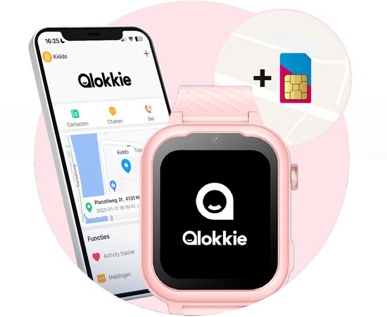 Qlokkie Kiddo Pro - GPS horloge kind - Smartwatch kinderen - GPS tracker kind met nauwkeurige locatiebepaling - GPS horloge kind met simkaart - Stel veilige zones in - SOS functie - Whatsapp - Roze