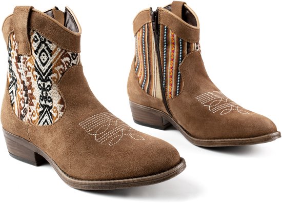Inkkas Desert Western Boot dames cowboylaars – lichtbruine suède Western enkellaars met authentiek Peruaans textiel & rubberzool – comfortabele hak – duurzame keuze, maat 42