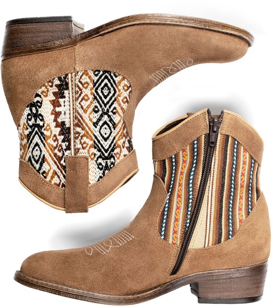 Inkkas Desert Western Boot dames cowboylaars – lichtbruine suède Western enkellaars met authentiek Peruaans textiel & rubberzool – comfortabele hak – duurzame keuze, maat 42