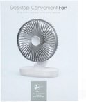 Doos van een witte tafelventilator met de tekst 'Desktop Convenient Fan' en een illustratie.