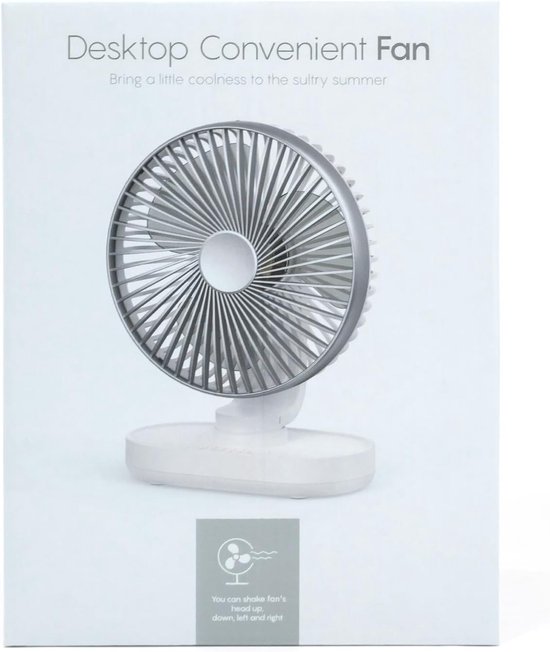 Doos van een witte tafelventilator met de tekst 'Desktop Convenient Fan' en een illustratie.