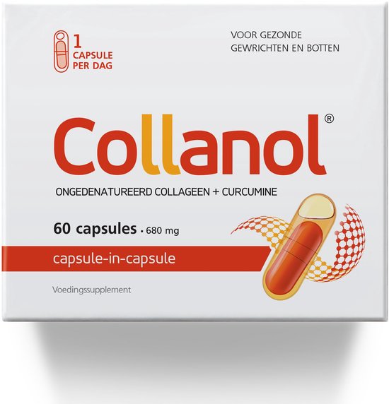 Collanol - innovatie in de zorg voor gezonde gewrichten. Vloeibare formule in een dubbele capsule. 3D collageen + micellaire curcumine. 1 capsule/dag. Laboratorium getest - 60 Capsules