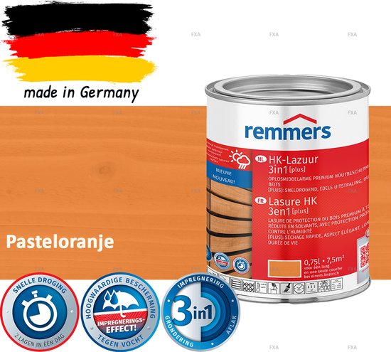 Remmers HK Lazuur 3-in-1 [plus] Pasteloranje - Premium Houtbeits voor Buiten | Transparant, Sneldrogend, Oplosmiddelarm | 0,75Liter