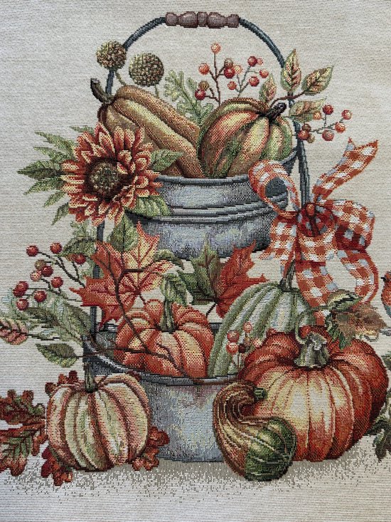 Housse de coussin - Tissu tapisserie de Luxe - Scène d'automne - Citrouilles - Rouge-gorge - 45 x 45 cm
